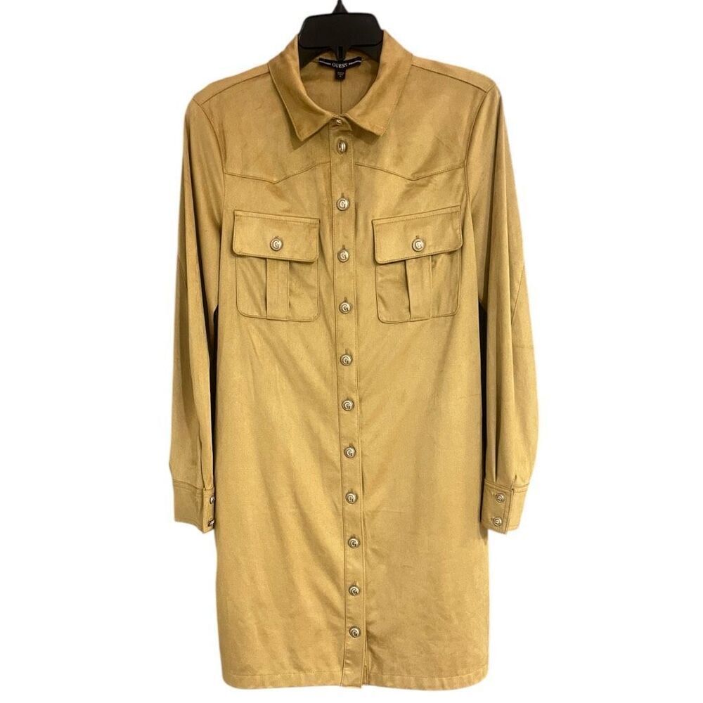 Guess Faux Suede Mustard Tan Long Sleeve Button Up Cowgirl Western Dress Size S